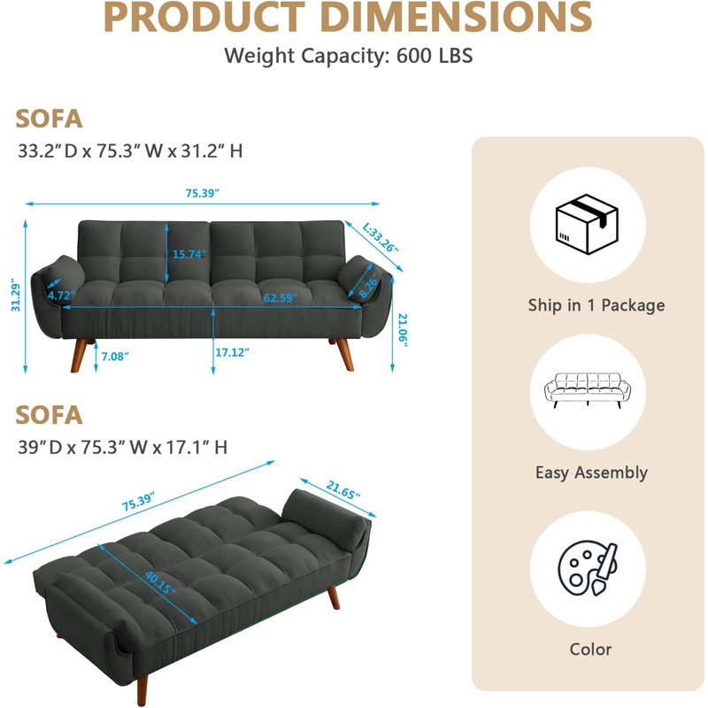Convertible Futon Sofa Bed, 75" Futons Couch with Adjustable Backrest for Living Room Home Office Aprtment, Recliner Lounge, Loveseat Sofa