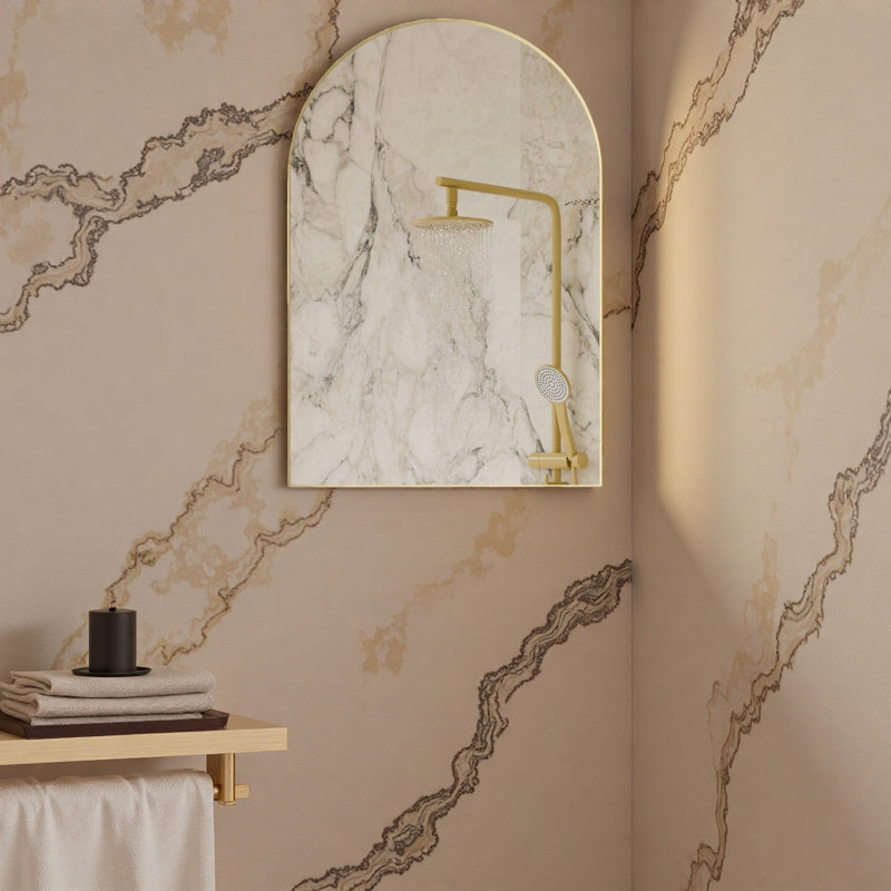 Armoire à pharmacie de coin en métal avec miroir arqué, tablettes en verre réglables, rangement de salle de bain peu encombrant pour les petits espaces