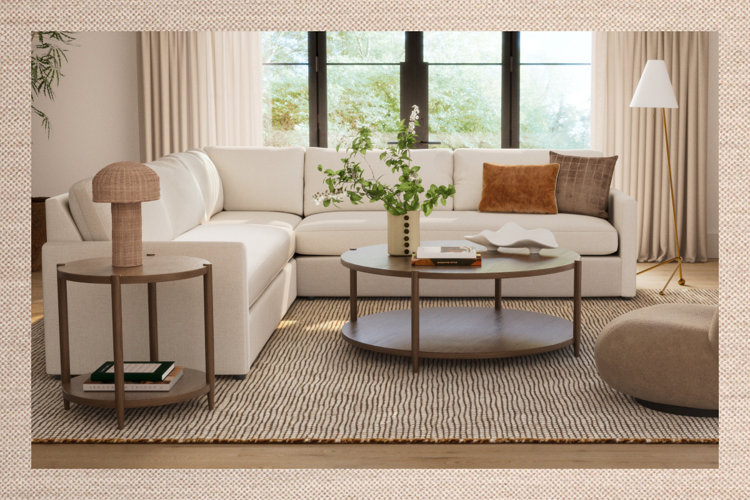 California casual interior design modern style sectional, modern low profile accent chair and wooden coffee table with rattan accents