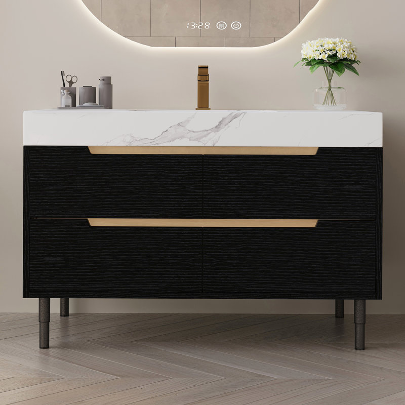 35.4" Modern Bathroom Vanity With Undermount Sink, Sintered Stone Top, Waterproof Multi-Layer Solid Wood, 4 Drawers Storage, Free-Standing/Wall-Mounted