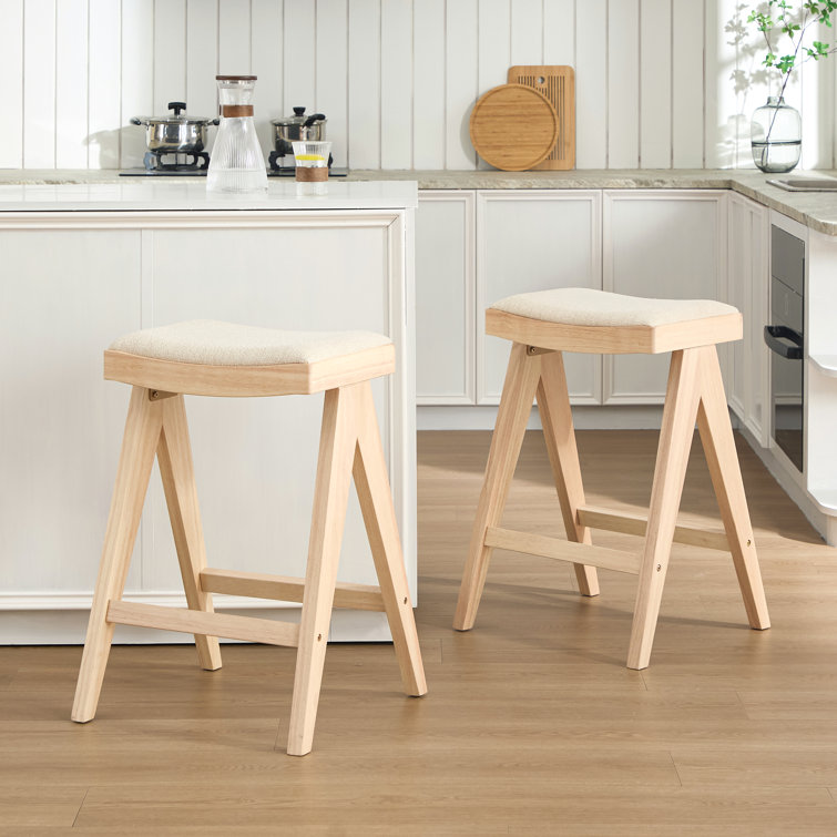 26.8"H Solid Wood Backless Counter Stool With Linen Upholstered Seat