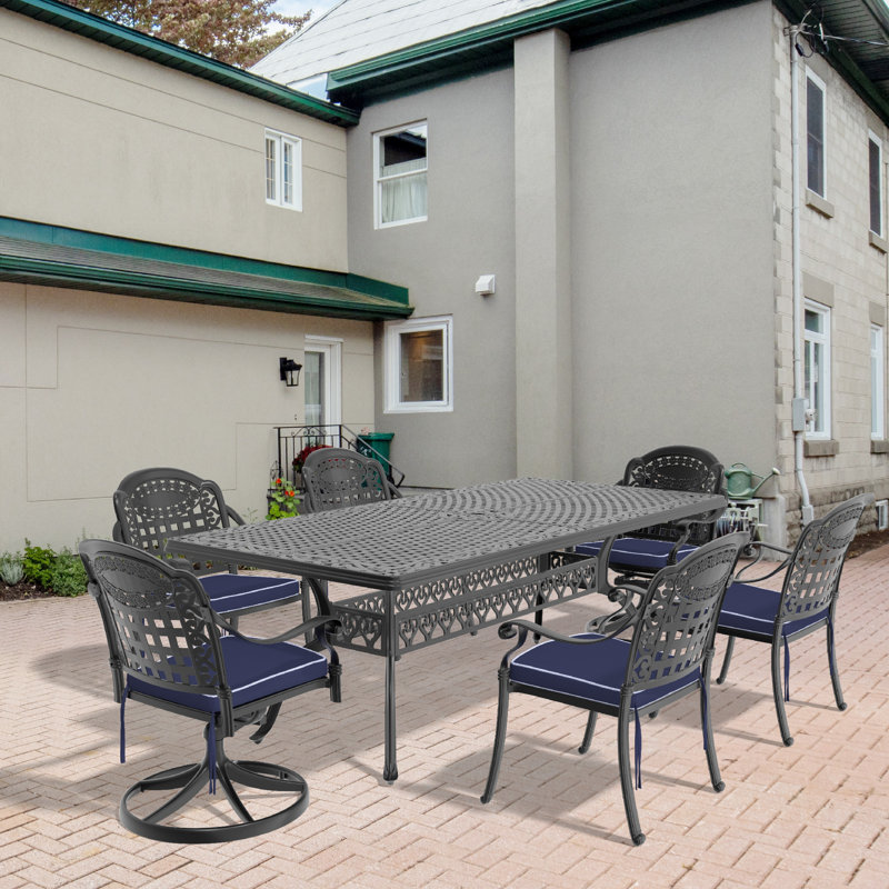 Ensemble de salle à manger 7 pièces en fonte d'aluminium toutes saisons comprenant 2 chaises pivotantes, 6 chaises et une table rectangulaire avec cadre noir