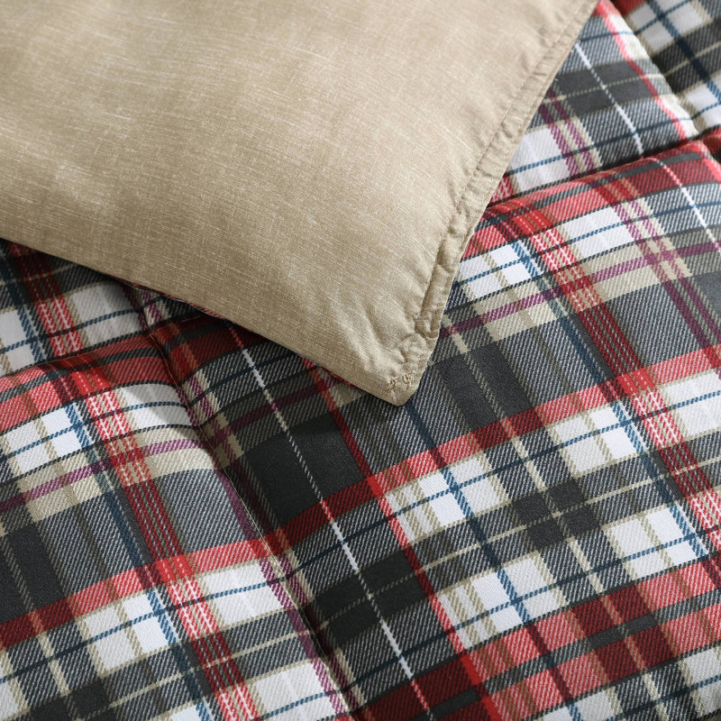 Textured Plaid Eddie Bauer Red Reversible Microsuede Comforter Set, Full/Queen Comforter + 2 Standard Shams