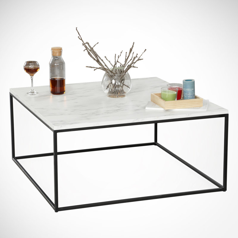 Modern Marble Coffee Table, White & Black, 29.5 x 16.9 x 29.5 inches | 100% Melamine Coated Particle Board, Thickness: 0.7 inches | Sturdy Metal Legs (0.6 x 0.6 inches), Electrostatic Powder Coated | Stylish & Functional Design for Living Room