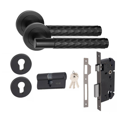 Golden Grace 1 Set Knurled Diamond Cut T-Bar Euro Lock Door Handle Set with Key and Key Barrell 70mm
