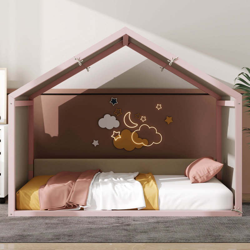 Lit à baldaquin avec panneaux latéraux rembourrés en velours, baldaquin en lin respirant, lit plateforme rembourré doux pour la chambre à coucher, chambre d'amis