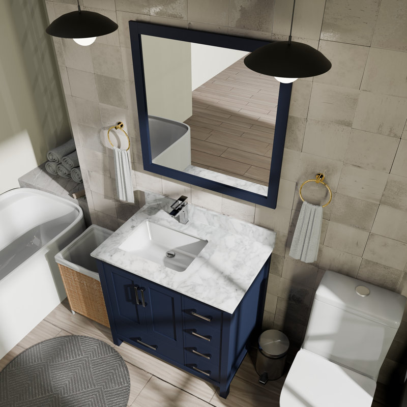 Jacques 36 in. W x 22 in. D Left Offset Bath Vanity, Faucet Set, & 34 in. Mirror, Navy Blue, White Carrara Marble