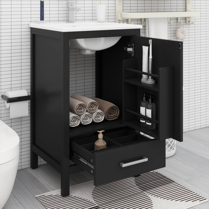 18-Inch Bathroom Vanity With Sink, Storage Rack, And Divider Drawer, Black