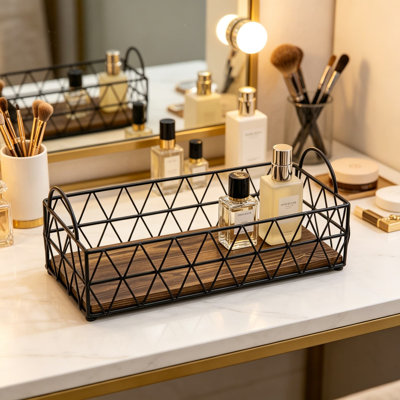 16 Inch Deluxe Black Metal Toilet Tank Tray with Geometric Wire Design and Burnt Wood Base, Bathroom Vanity Toiletry Storage Organizer Tray with Handles