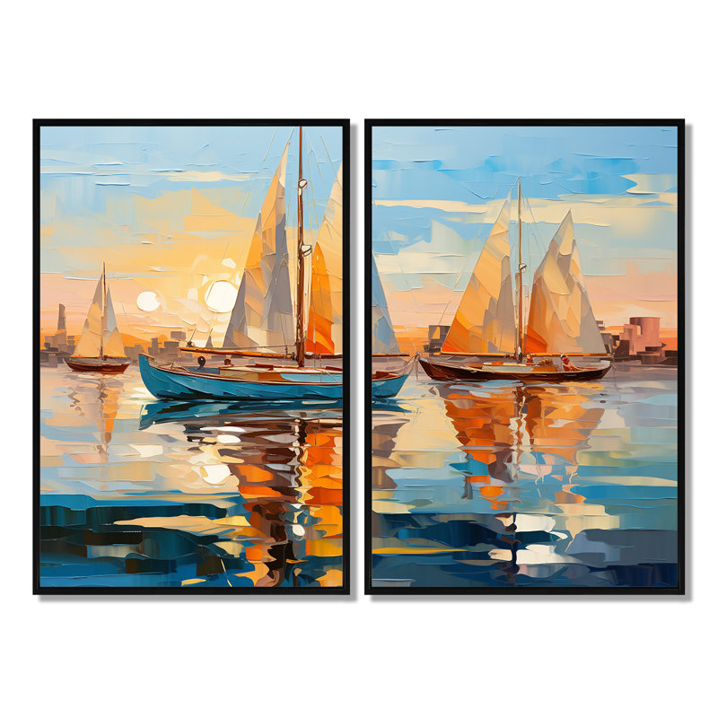 Voilier abstrait flottant I - art mural multicolore, H 36 po x l 48 po, Impression encadrée flottante sans passe-partout