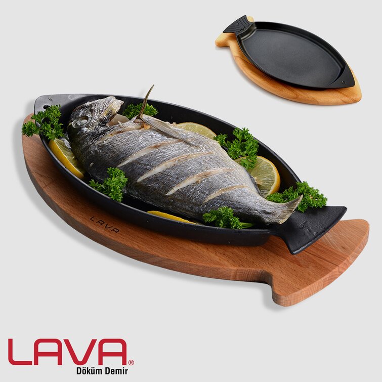 LAVA CAST IRON Lava Enameled Cast Iron Skillet 13 inch-Fish Shaped Plate  Pan with Beechwood Service Platter