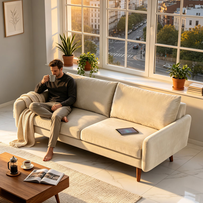 Causeuse 58 po en velours moderne européen avec pieds fuselés et accoudoirs carrés, canapé 2 places avec coussins épais et ergonomiques pour salon, appartement, bureau