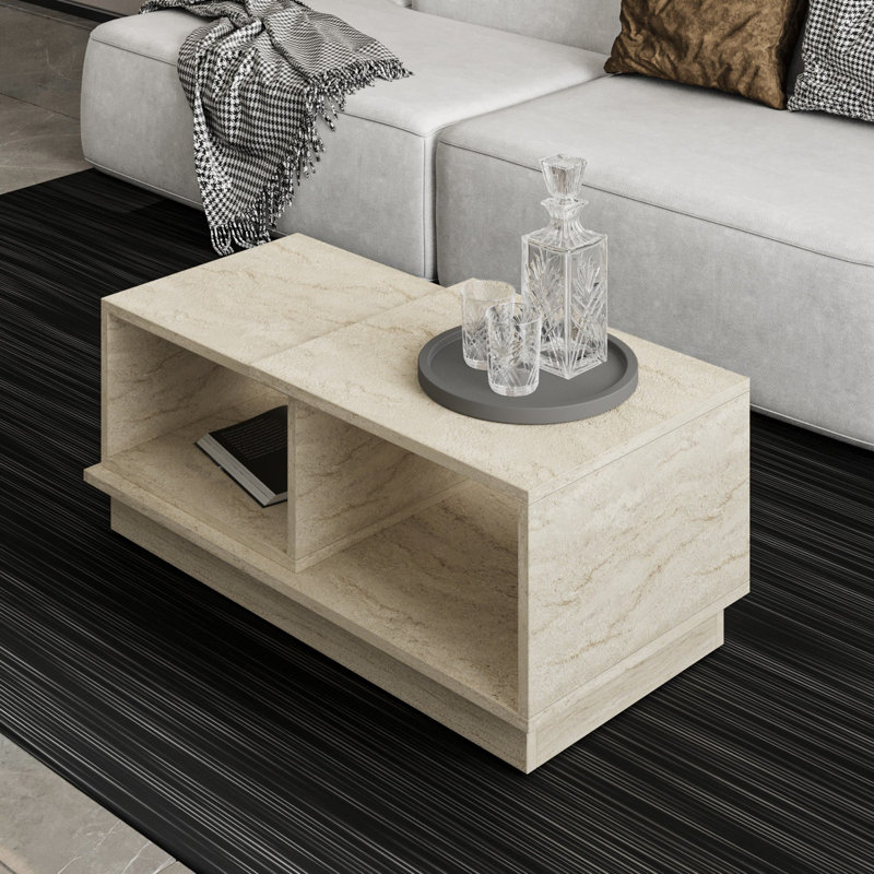 Modern Coffee Table with Numerous Shelves, Travertine Color, 35.4 x 14.2 x 14.2 inches | 100% Melamine Coated Particle Board, Thickness: 0.7 inches | Stylish Storage Solution for Living Room, Elegant Marble Design