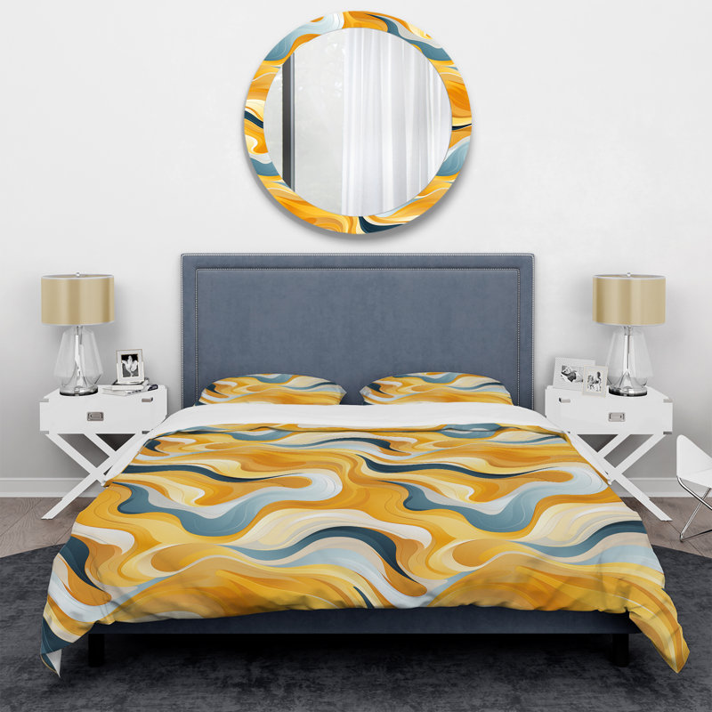 Ensemble de housse de couette abstrait jaune et blanc Mid-Century Waves Fusion I - microfibre de polyester