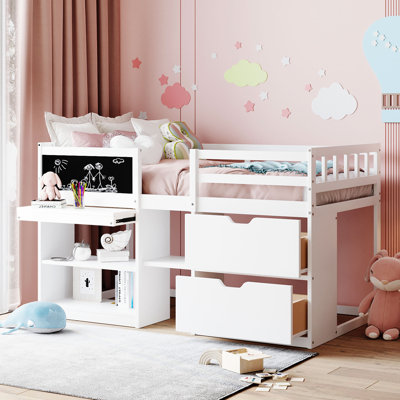 Maja Kids Twin Low Loft Bed with Storage Drawers, Shelves and Blackboard