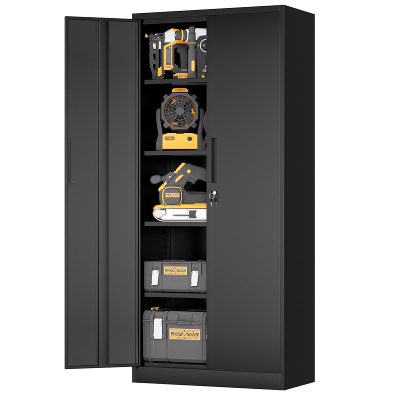 Armoire de rangement de bureau 71,85 pouces en métal avec serrure, 4 tablettes, finition noire, tablettes réglables pour les outils et les dossiers, outil de garage polyvalent pour salle de classe haute, 3 systèmes de verrouillage