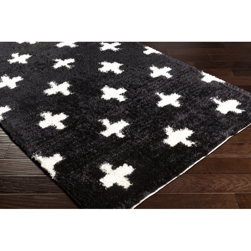 Tapis géométrique noir / crème tissé à plat à la main Aleman, Rectangle 8 pi x 10 pi