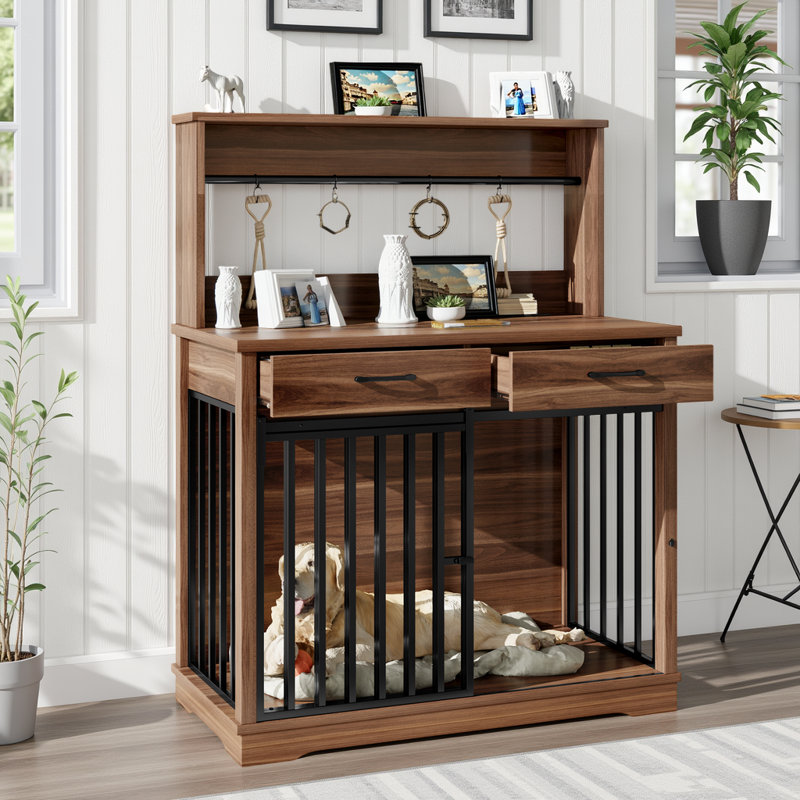 Meuble pour cage robuste pour chien de 38 po avec tiroirs de rangement, cage à double usage et table d'appoint pour l'intérieur