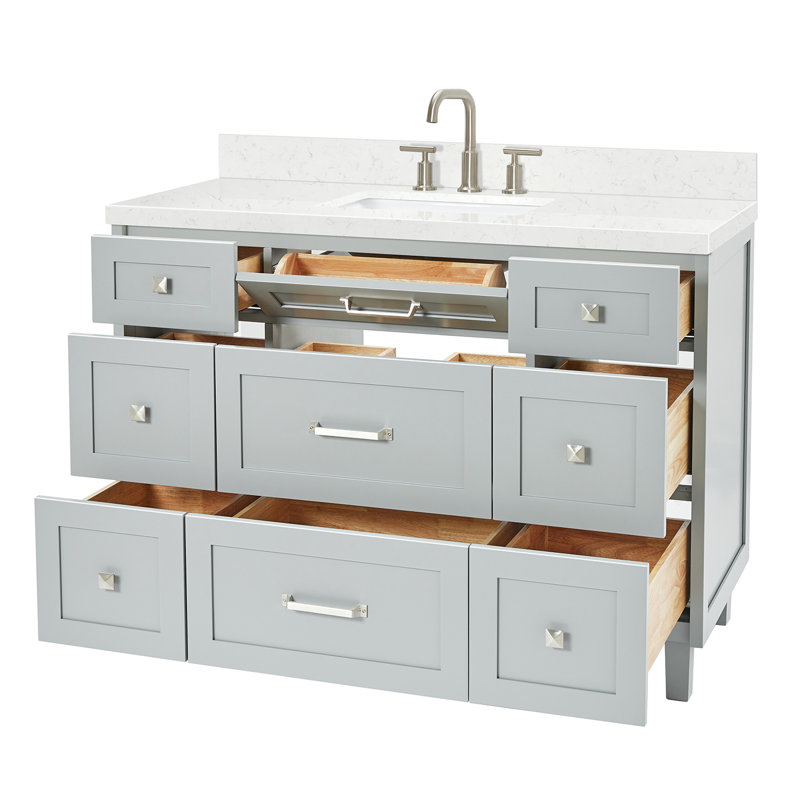 ARIEL Monroe Single Sink Bathroom Vanity with Quartz Top, Gray, 48", Carrara White Quartz