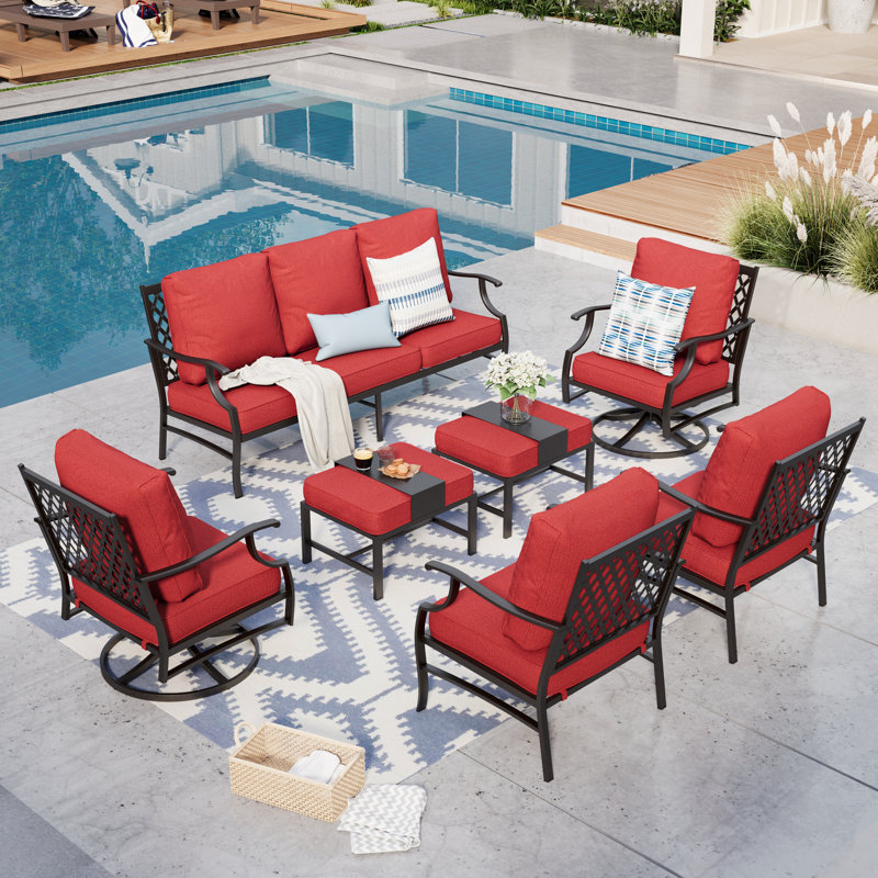 Akadian 9-Person Wicker Patio Conversation Set with Swivel Chairs, Cushion Pro Red Performance, No