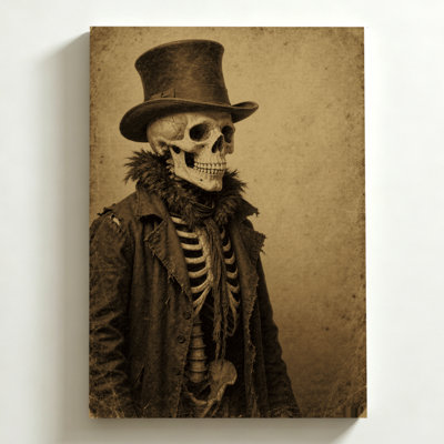 Halloween Canvas Wall Art 24"x36" Skeleton in top hat and coat, standing solemnly, Vintage Sepia-Toned Art Canvas Print. Modern Wall Decor for Bedroom, Living Room & Home Office