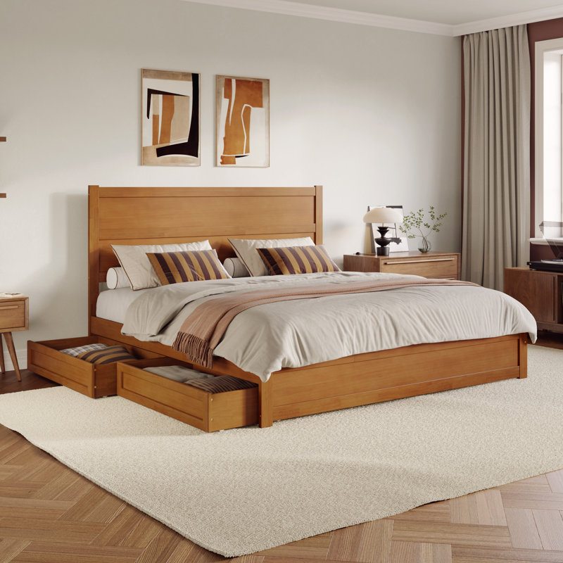 Lit plateforme avec tiroirs de rangement en bois Aveline, Très grand lit, Caramel clair