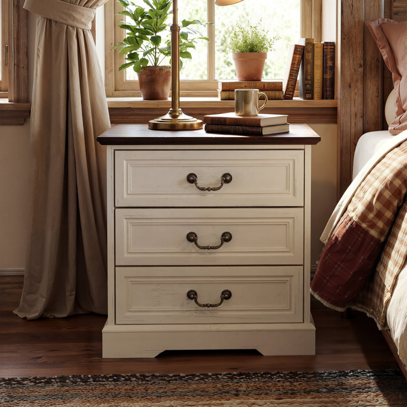 Auserine 3-Drawer Nightstand With Built-In Outlet, Beige