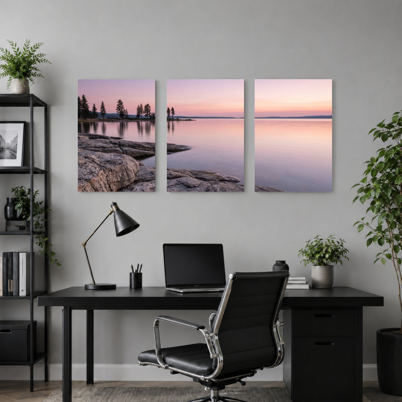 Ensemble de 3 tableaux sur toile représentant un coucher de soleil sur le lac, parfaits pour la décoration du salon, de la chambre ou de la maison.