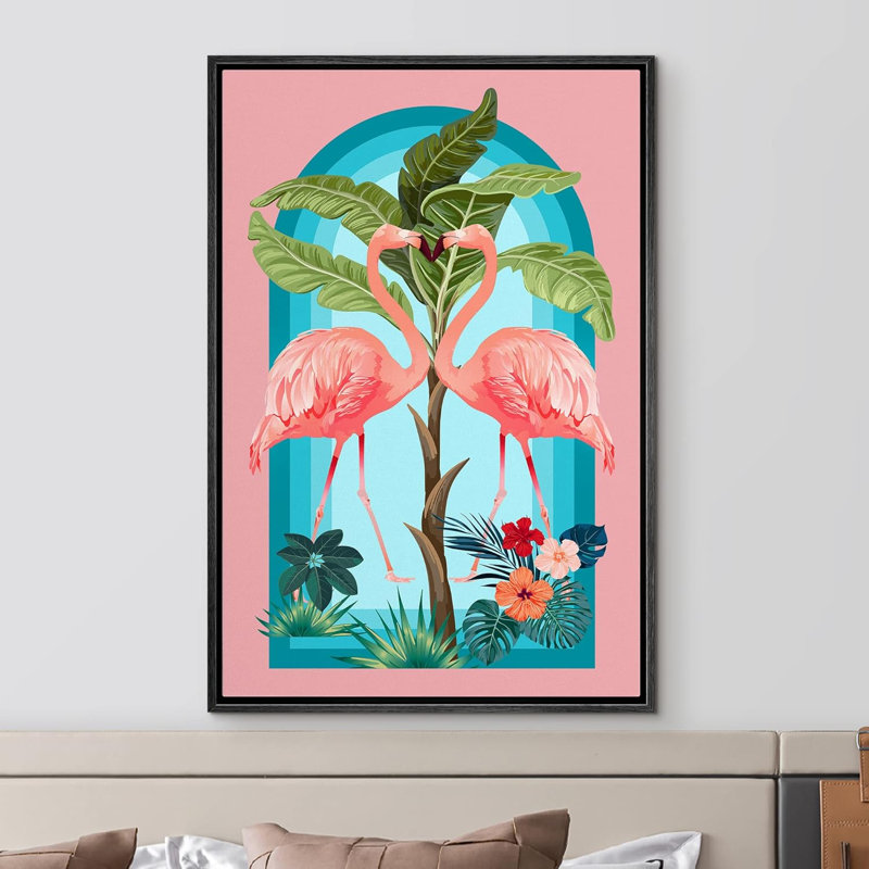 Adolescents lumineux, fleurs tropicales, flamant rose, Noir, H 36 po x l 24 po