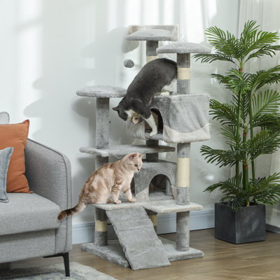 Tour pour arbre à chat 53 po, grand centre d'activités multi-niveaux avec poteaux à griffer, perchoirs, rampe et boules suspendues - gris