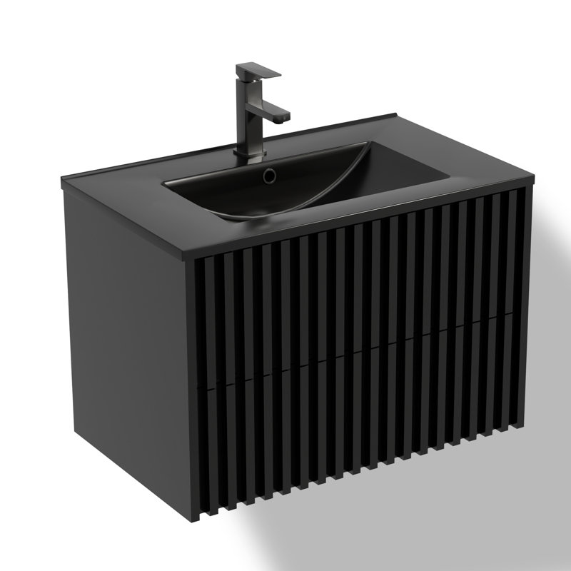Ensemble de meuble-lavabo mural 30 po avec comptoir d'évier, robinet et bonde, armoire flottante, Noir
