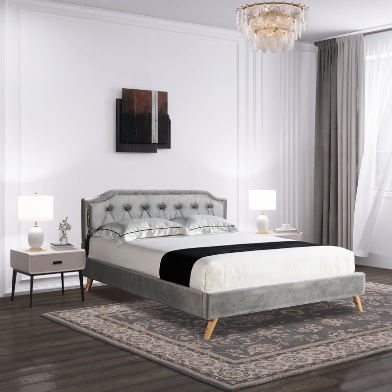 Lit plateforme tapissier capitonné Dilcia, Très grand, gris