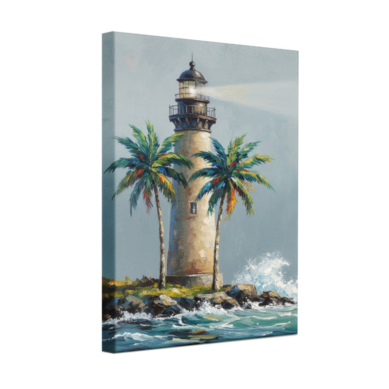 Plantes et fleurs, phare, palmiers, vagues de l'océan, coucher de soleil sur toile, H 18 po x l 12 po