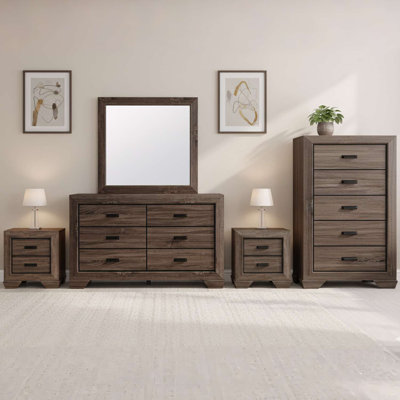 Ensemble de rangement pour chambre 5 pièces brun vieilli avec commode, miroir, commode et 2 tables de chevet