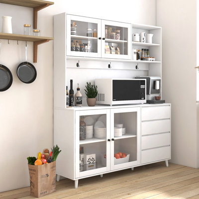 Grande armoire huche de cuisine l 63 po, armoire de rangement autoportante avec 4 portes, 4 tiroirs et tablette à micro-ondes