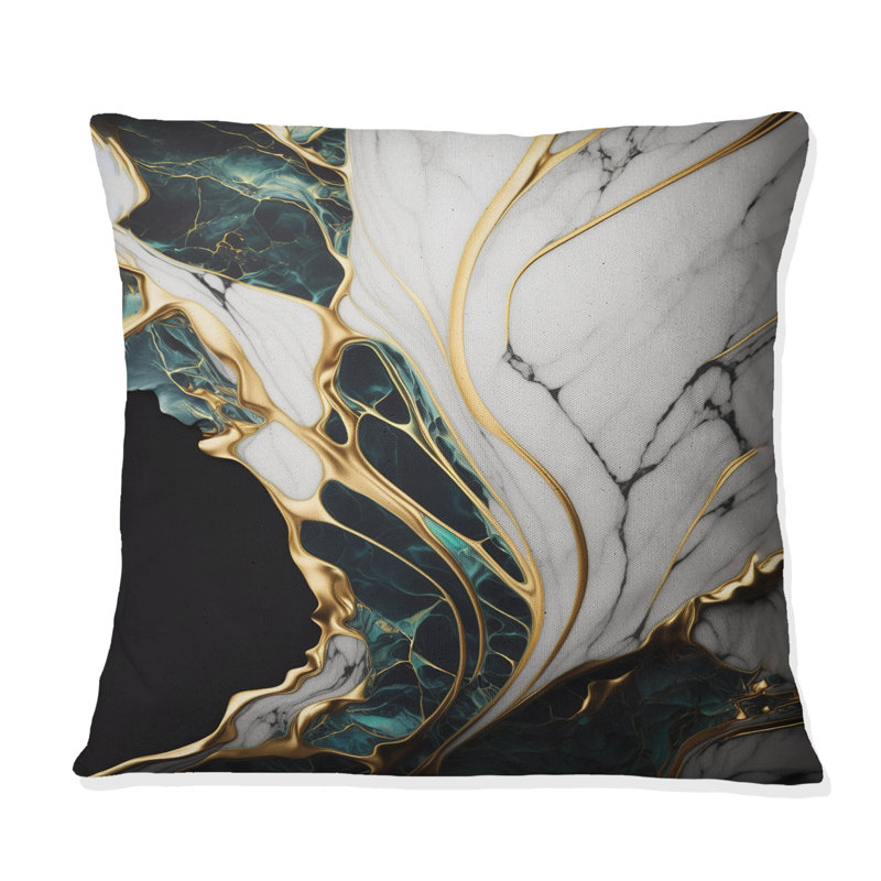 Abstract Geode Gold And Green Marble III - Abstract Marble Printed Pillow, 18"H x 18"W