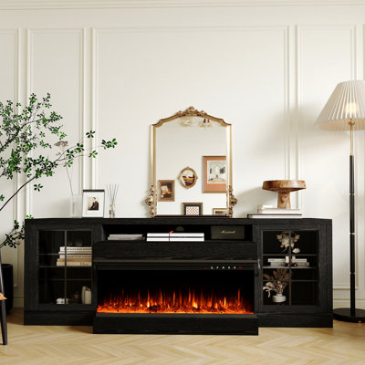 Meuble télé 60 po pour téléviseur de 75 po ou moins avec foyer électrique à 3 côtés de 30 po, centre de divertissement de ferme avec portes en verre et armoire de rangement