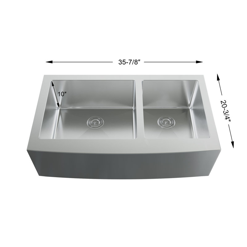 Dowell 35-7/8" L x 20-3/4" W Handcrafted Apron-Front Farmhouse Undermount Kitchen Sink 16 Gauge Stainless Steel 10" Depth Double Bowl With Grid Strainer