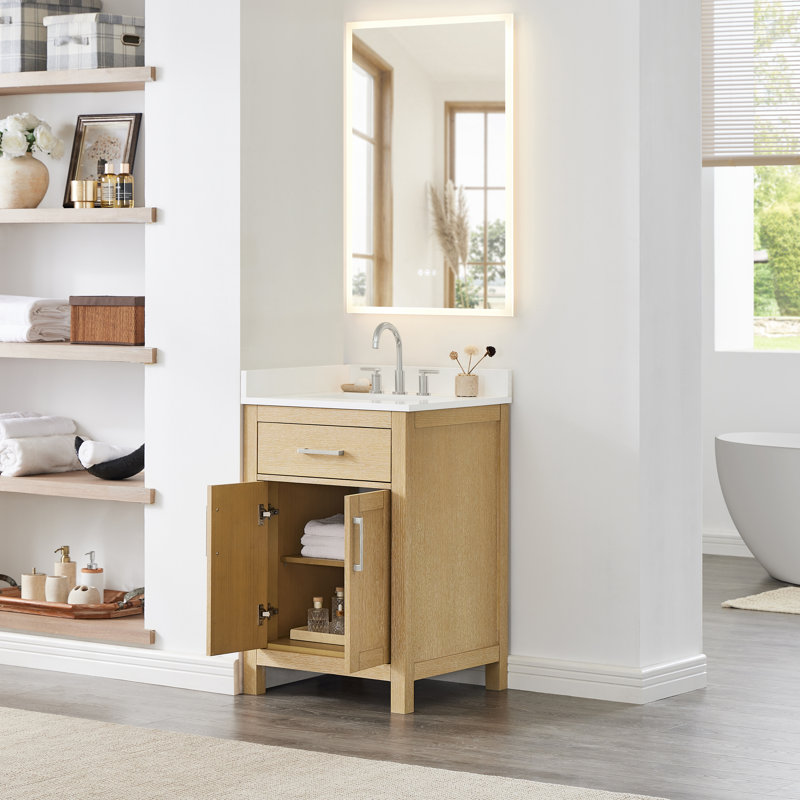 Beckett 24" Freestanding Single Bathroom Vanity with Quartz Top, Whitewashed Oak, Brushed Nickel, White Quartz