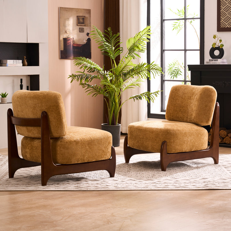 30"W Boucle Armless Upholstered Accent Chair With Solid Wood Leg, Camel