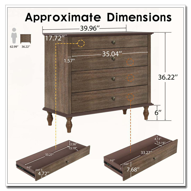 Large 4-Drawer Chest with Solid Wood Foot, Deep Rustic Brown