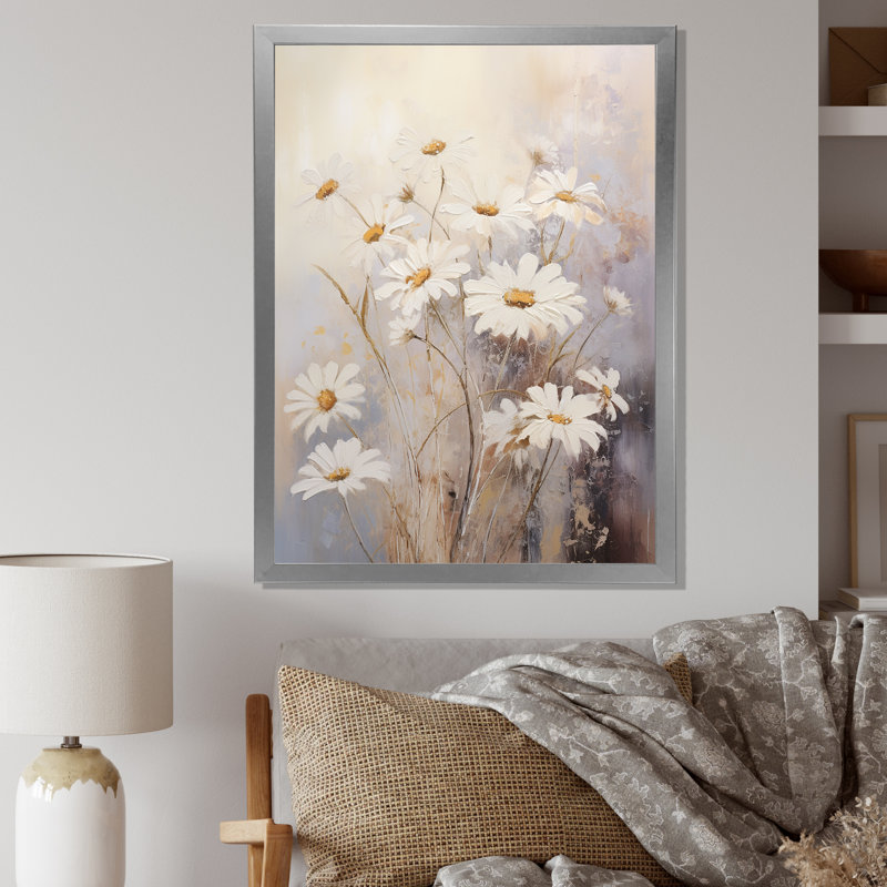 " White Daisy Fields Elegance IV ", Silver Single Picture Framed, 40" H x 30" W x 1.5" D