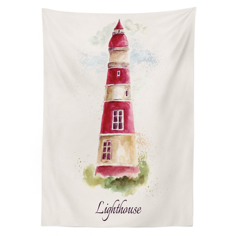 Ambesonne Lighthouse Tablecloth, Watercolor Lighthouse Print Pastel Faded Vintage Lettering Windows Grass Clouds, Rectangular Table Cover For Dining Room Kitchen Decor, 60" X 84", Multicolor