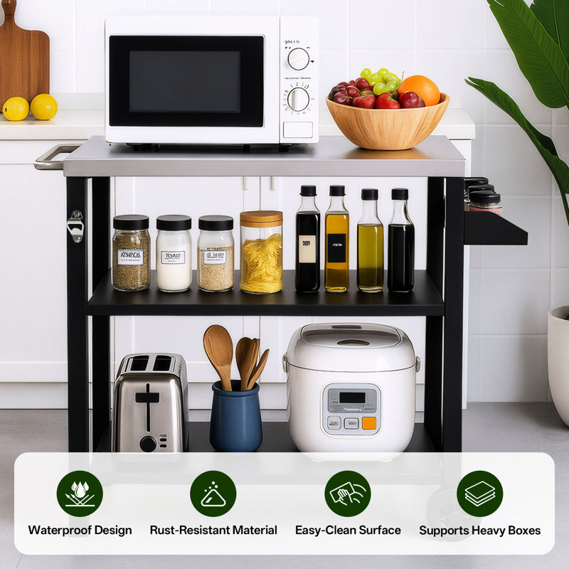 3 chariots de gril noirs avec plateau en acier inoxydable et tablette latérale, table de préparation de barbecue mobile sur roulettes pour la cour arrière, éléments de construction extérieurs, espace de rangement amélioré, mobilité en douceur