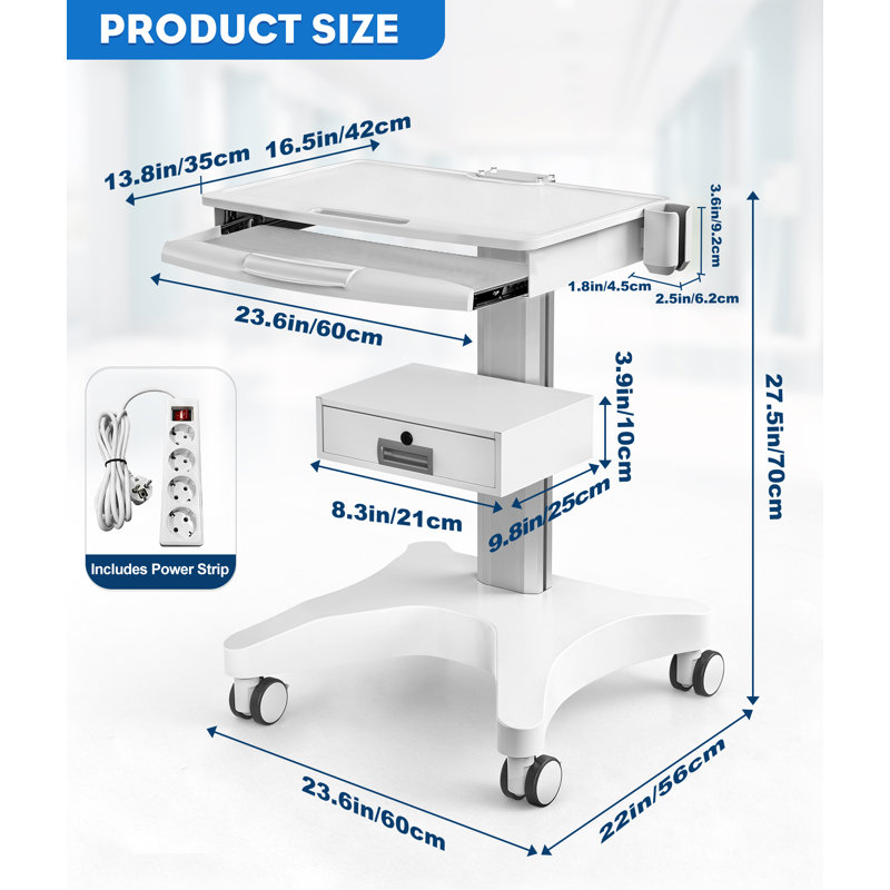 27.5'' H x 23.6'' W Utility Cart with Wheels, 1 Drawer/White