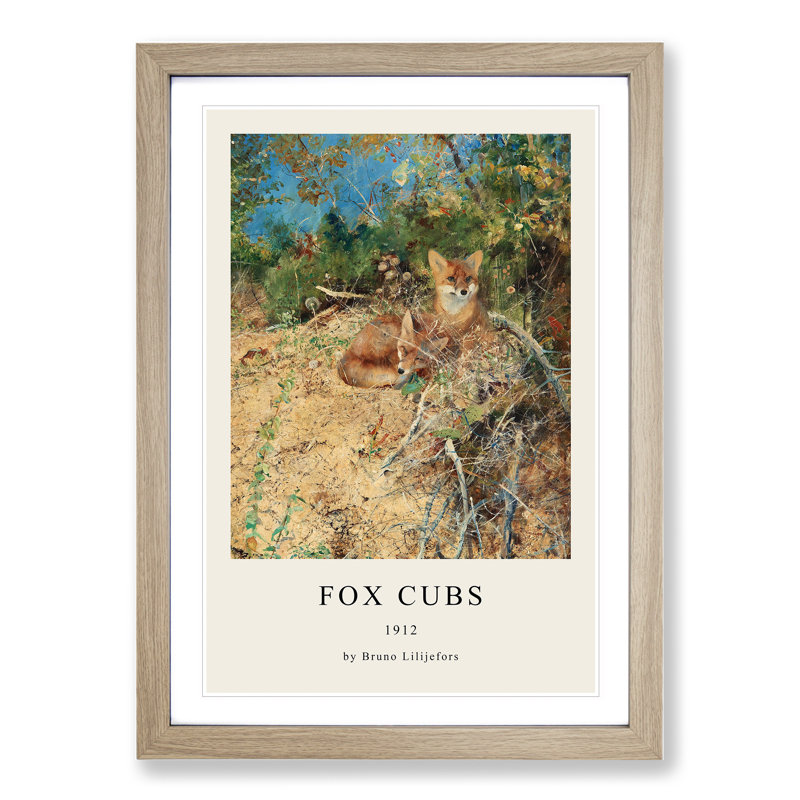 Fox Cubs by Bruno Liljefors - Single Picture Frame Print, 65cm H x 48cm W x 2cm D, Oak Framed