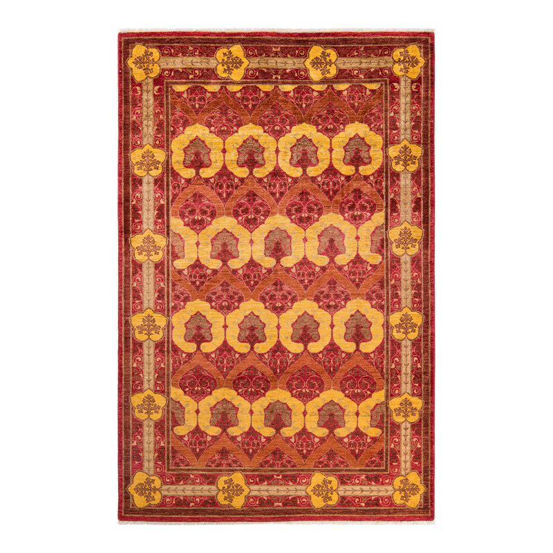 Tapis rouge noué à la main de conception unique 5 pi 10 po x 8 pi 10 po