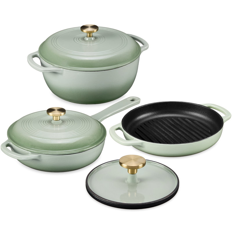  Choice Products Non-Stick Pot & Pan Cookware Set, Cast Iron Skillet, Grill Pan W/ Press, Dutch Oven - Sage, Green