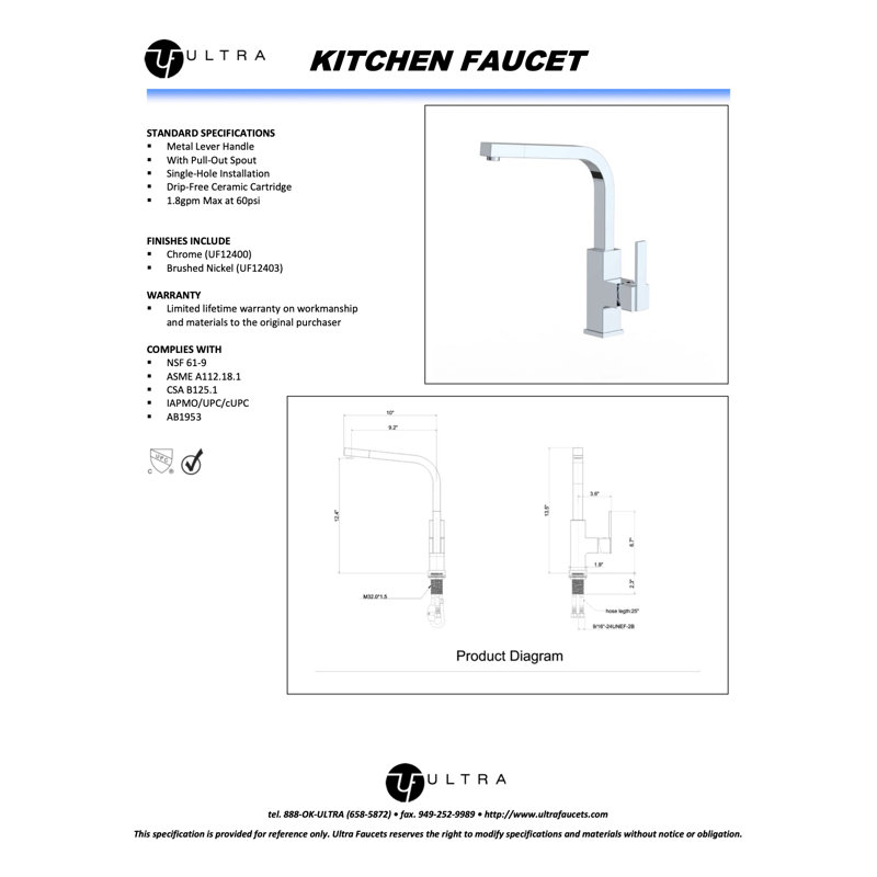 Ultra Faucets Icon Pull Out Kitchen Faucet, Brushed Nickel