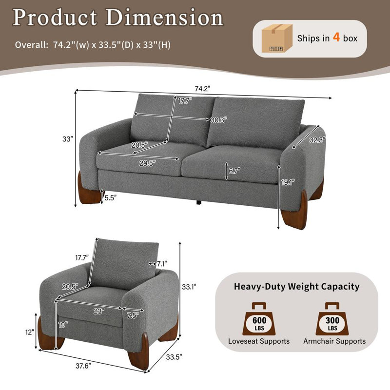 3 Piece Upholstered Living Room Sofa Set, Grey
